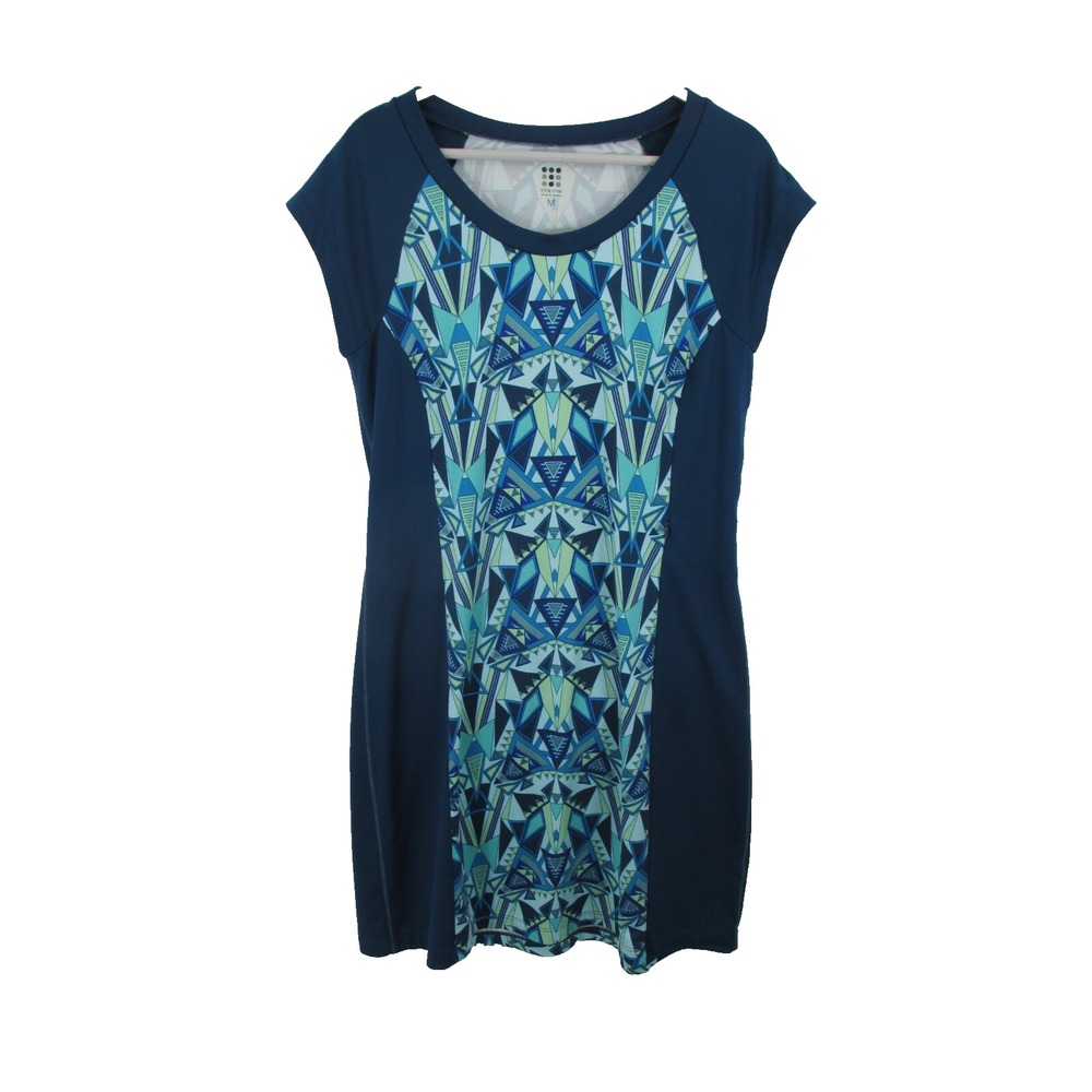 TITLE NINE Midi Shift Sport Dress Women M Blue Mosaic Print Stretch Zip Pocket